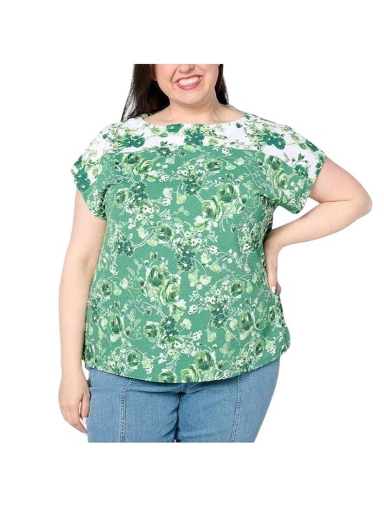 Isaac Mizrahi Live! Tops - Isaac Mizrahi Live Top 2X Duo Printed Pebble Knit Floral Cap Sleeve Green White